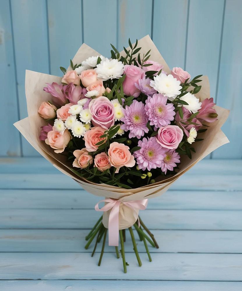 Букет цветов из: Хризантемы, Розы и Альстромерии в Вулканном