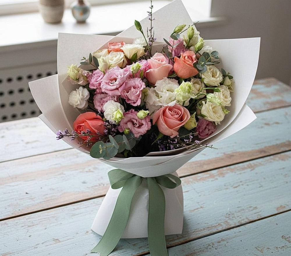 Букет цветов из: Розы, Лизиантусы и Гвоздики в Вулканном