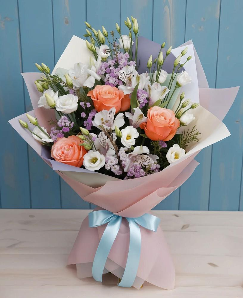 Букет цветов из: Лизиантусы, Розы, Альстромерии и Гипсофила в Вулканном