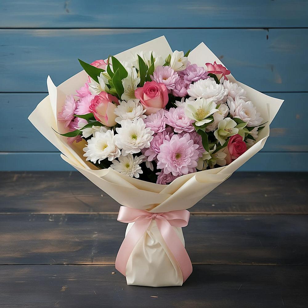 Букет цветов из: Хризантемы, Альстромерии и Розы в Вулканном